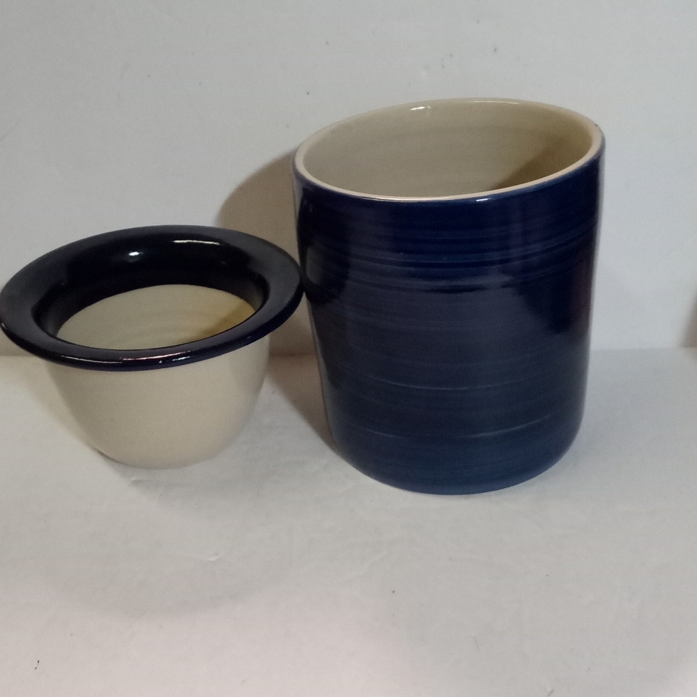 2 Pc Thick Heavy Pottery Handcrafted Containers Blue Swirl New